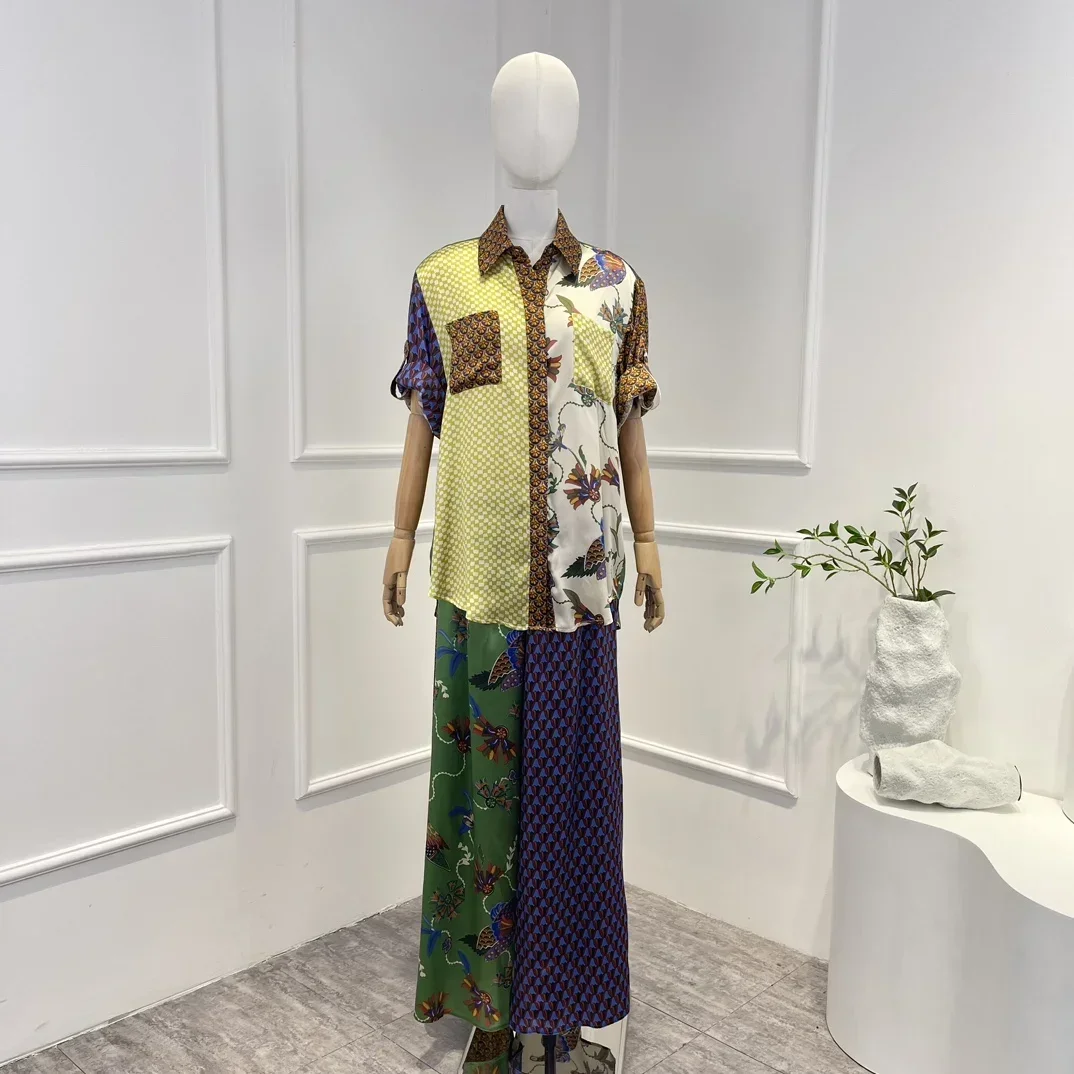 

Silk Floral Geometric Printing 2023 New High Quality Vintage Casual Short Sleeve Blouse and Wide Leg Pants Woman Loose Set