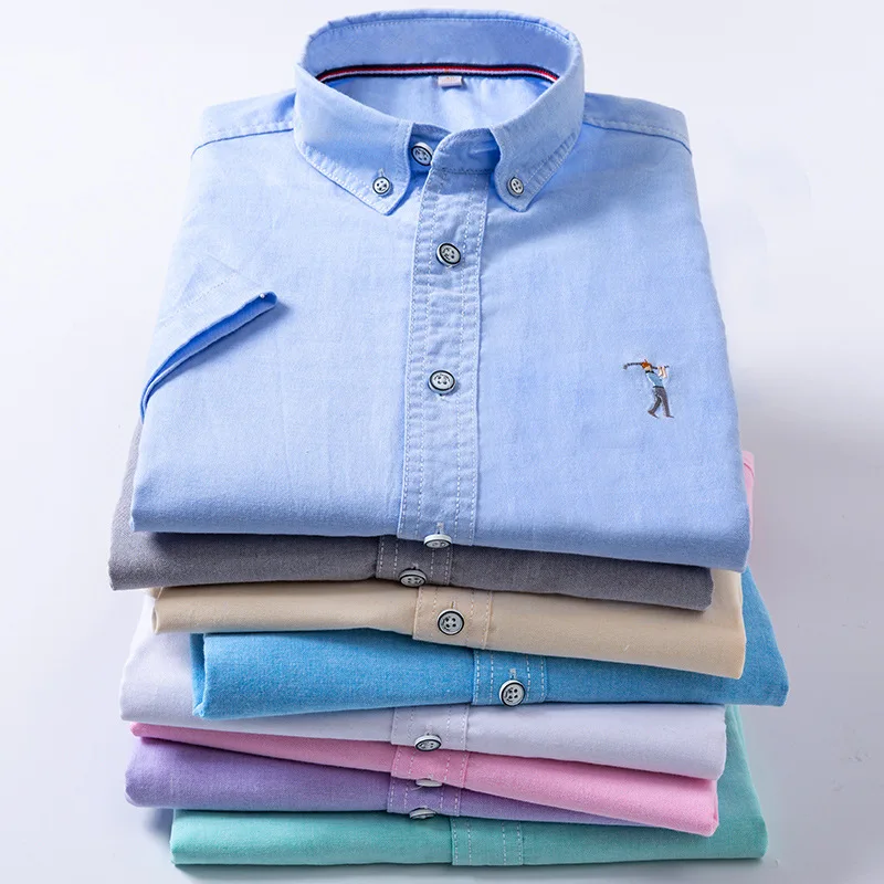 New Summer Short-sleeved Shirt Men's Solid Color Oxford Spinning Casual Embroidery TrendYoung Slim-fitting Shirt Short Men