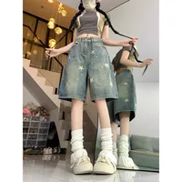 Casual Floral Print Loose Wide Leg Womens Jeans New American Retro Star Design Straight Leg Comfort Stretch Soft Denim Shorts - Image 4