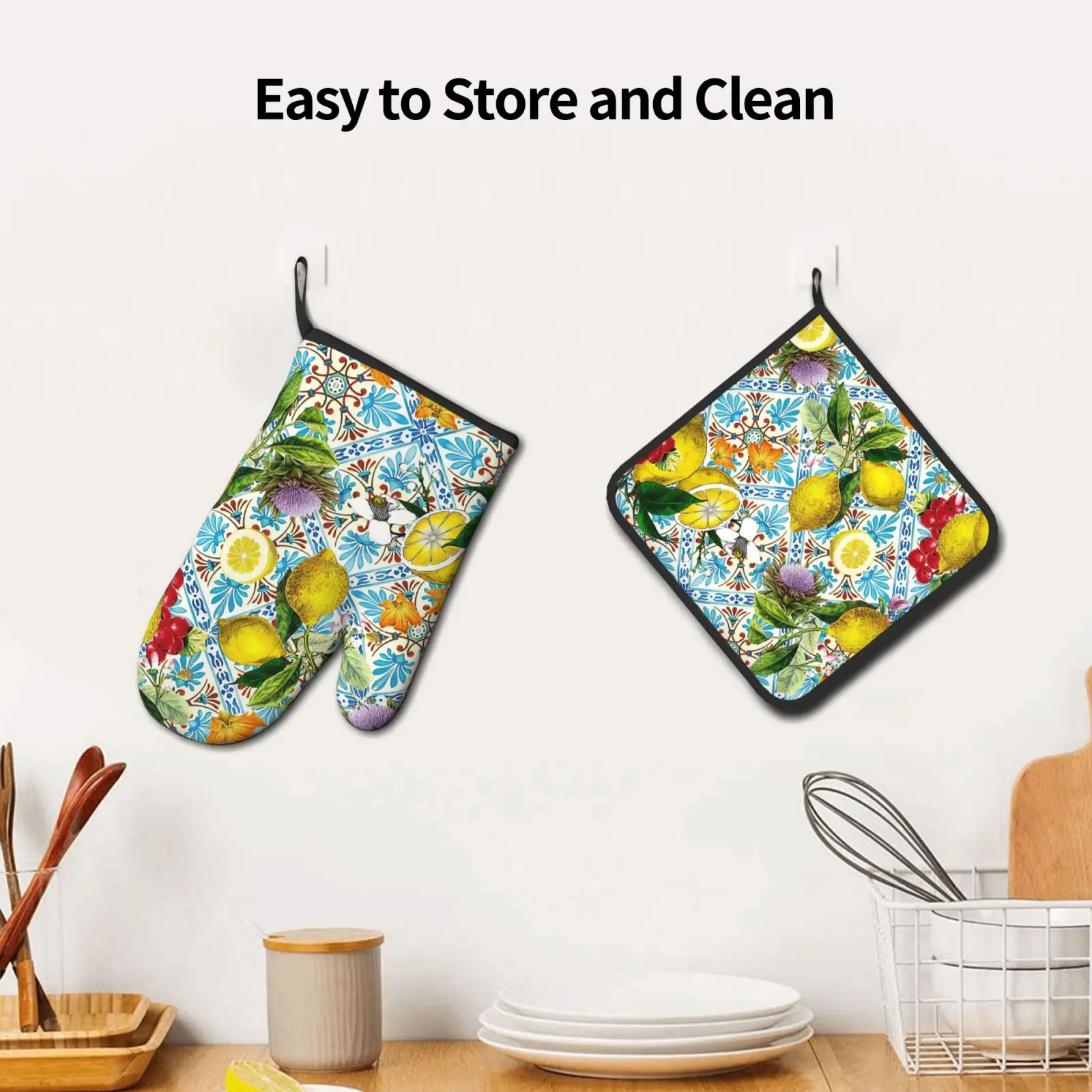 Lemon Oven Mitts & Pot Holders Summer Citrus Lemons Hot Pads with Non-Slip Heat Resistant Microwave Golves for Kitchen