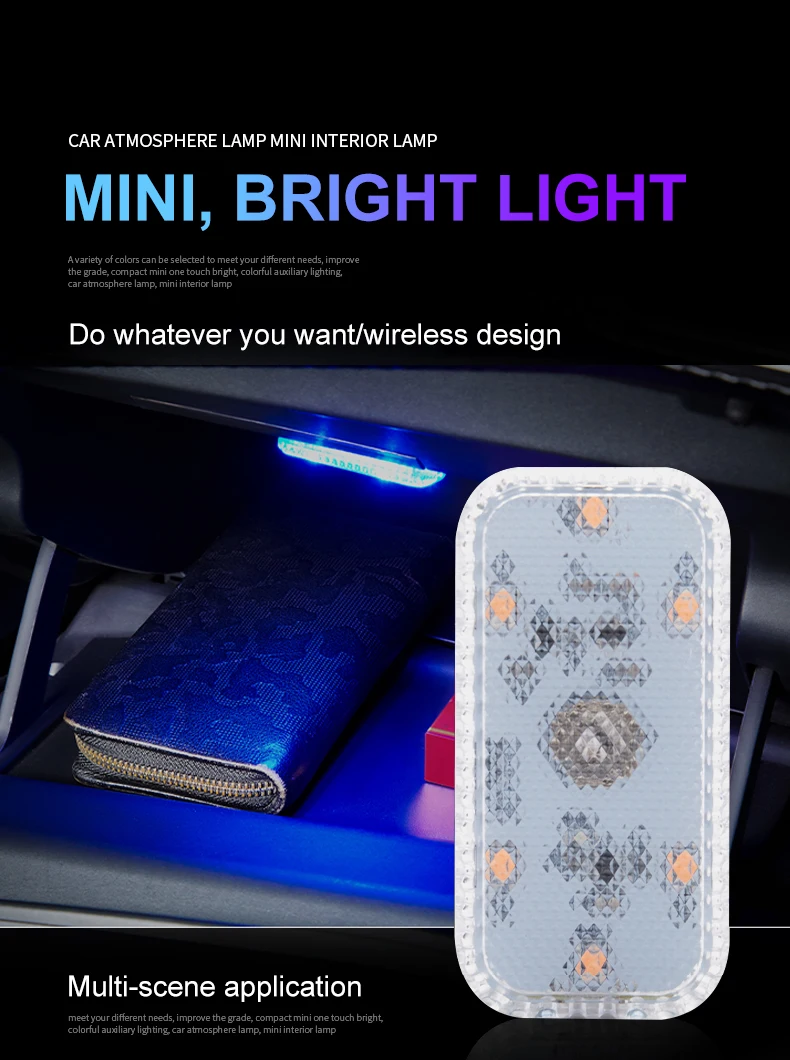 Mini wireless LED car light mounted on interior panel