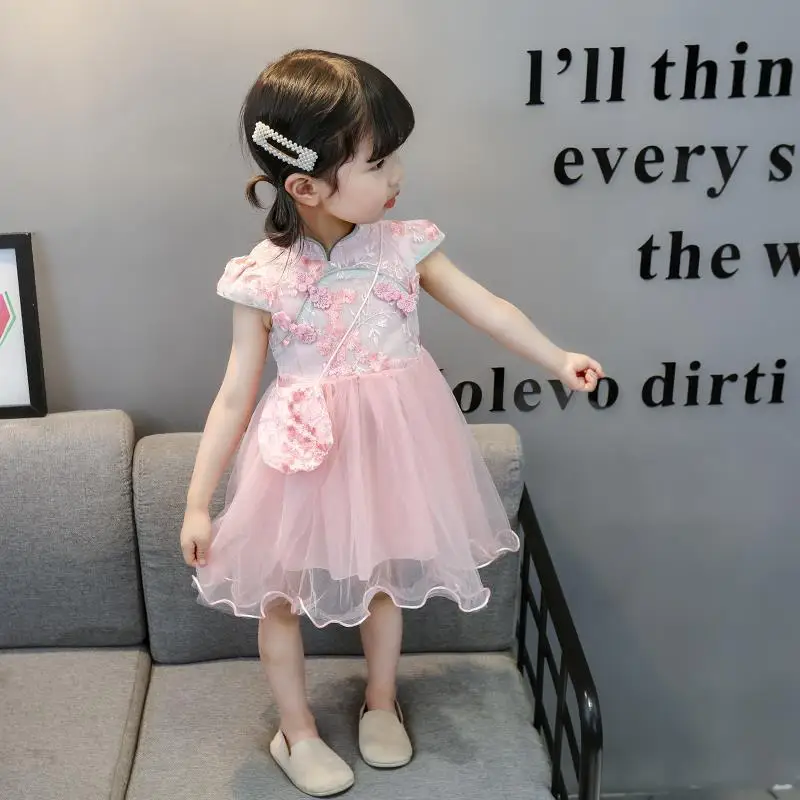 Baby girl\'s dress Children\'s cheongsam Princess dress Little girl\'s summer dress Pengpeng gauze short sleeved dress Hanfu
