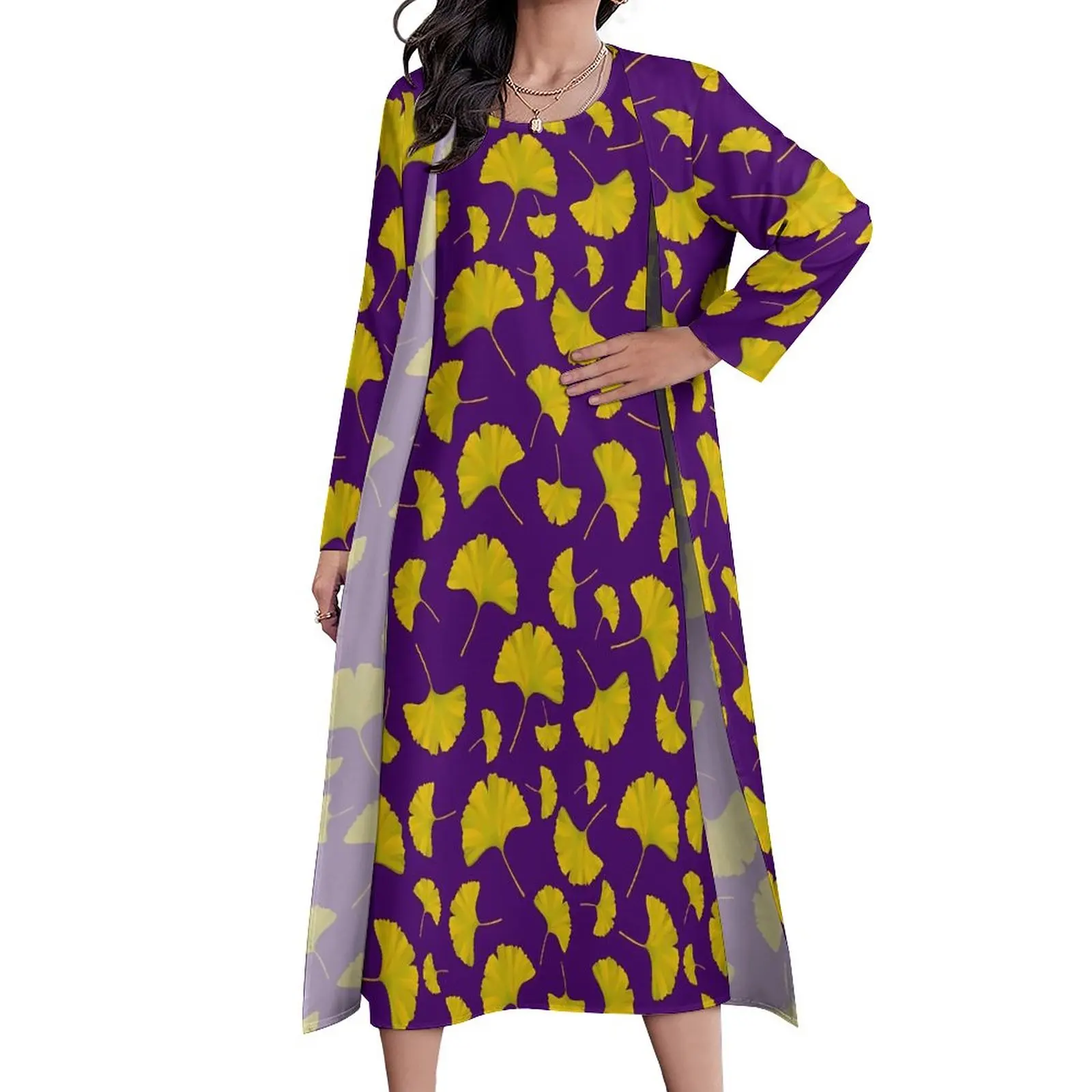 Ginkgo Biloba Print Dress Summer Yellow And Purple Street Style Bohemia Long Dresses Women Graphic Modern Maxi Dress Big Size