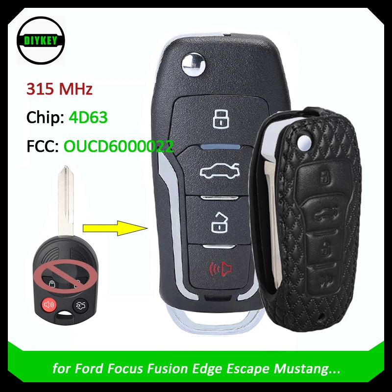 

DIYKEY OUCD6000022 Upgraded Flip Remote Key Fob 4 Button 4D63 Bits 315Mhz for Ford Focus Fusion Escape Mustang with Leather Case