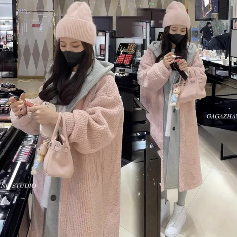 Autumn Winter Lamb Fur Hooded Long Coat Set Maternity Wear New Hot Sale Of The Season Style Fake Two-Piece Design Comfortable Ma