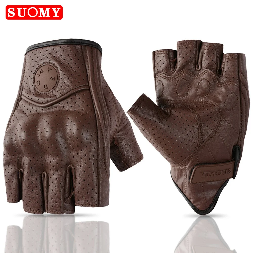 Vintage Fingerless Leather Biker Gloves - Brown/Black