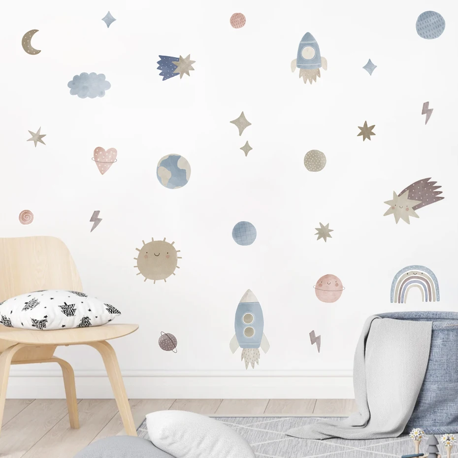 Boho Cartoon Space Adventure Stars Watercolor Kids Wall Sticker Vinyl Nursery Art Decals for Babys Boys Room Playroom Home Decor