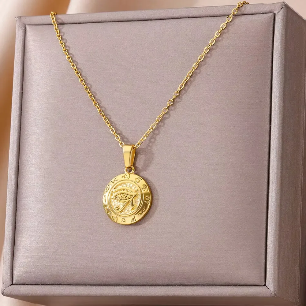 Stainless Steel Evil Eye Pendant Necklaces For Women 18K Gold Plated