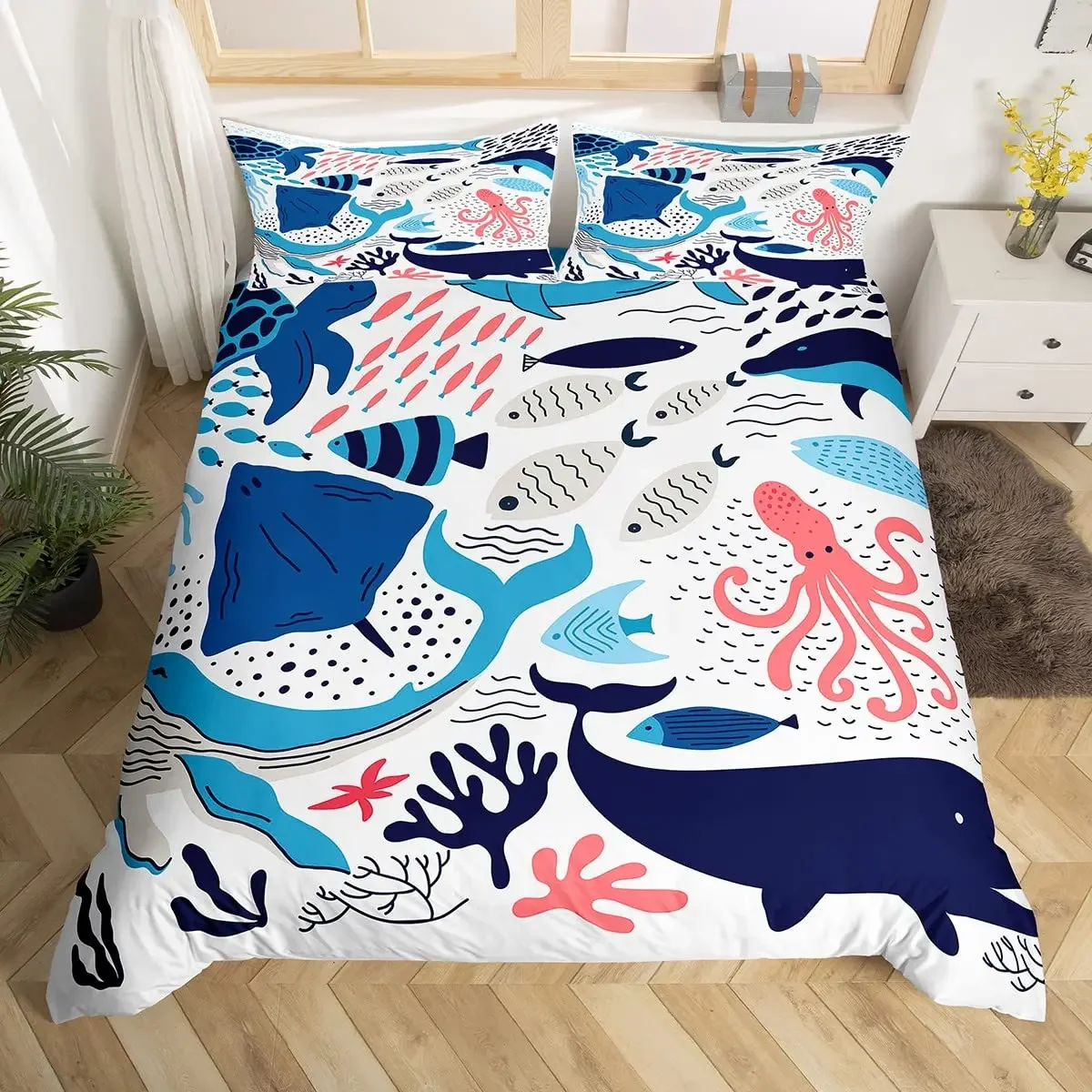 Whales King Queen Duvet Cover Ocean Animal Bedding Set Seaweed Starfish Marine Life Quilt Cover Blue Polyester Comforter Cover