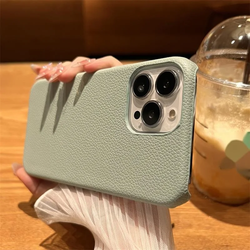 Étui de téléphone en cuir vert demi-pack, nouveau iPhone promax, sensation haut de gamme, 14 13 ensembles, 12 niche, 15 ultra anti-chute,_voghion.com