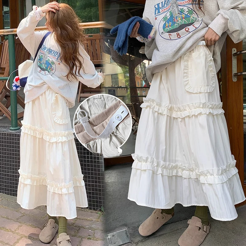 Pregnant Woman Cake Skirt with Pockets Sweet Lace Patchwork Ruffles Maternity Ball Gown Skirts Long Loose Pregnancy A-line Skirt