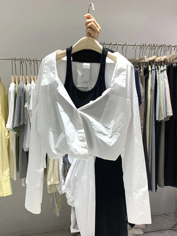 Off Shoulder Fake Two Pieces Short Long-Sleeved Shirt for Women 2023 Spring Autumn Lapel Long-Sleeved Single-Breasted White Top