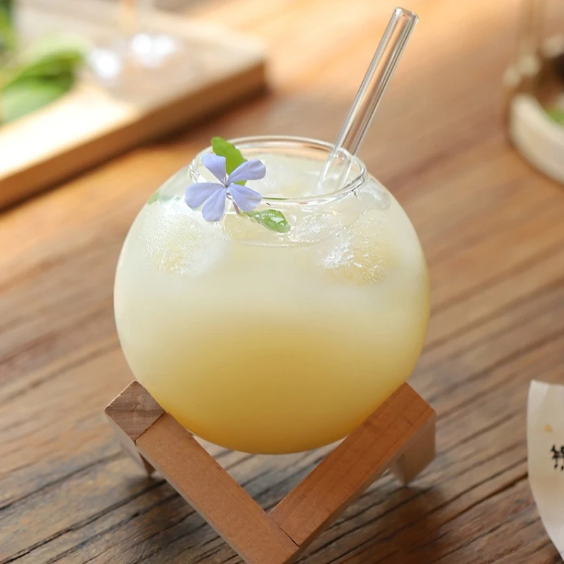 Cocktail Glass Cup with Wood Stand Creative Lunar Round Shape Drink Cup with Straw Christmas Cups Iced Coffee Cups Drinkware