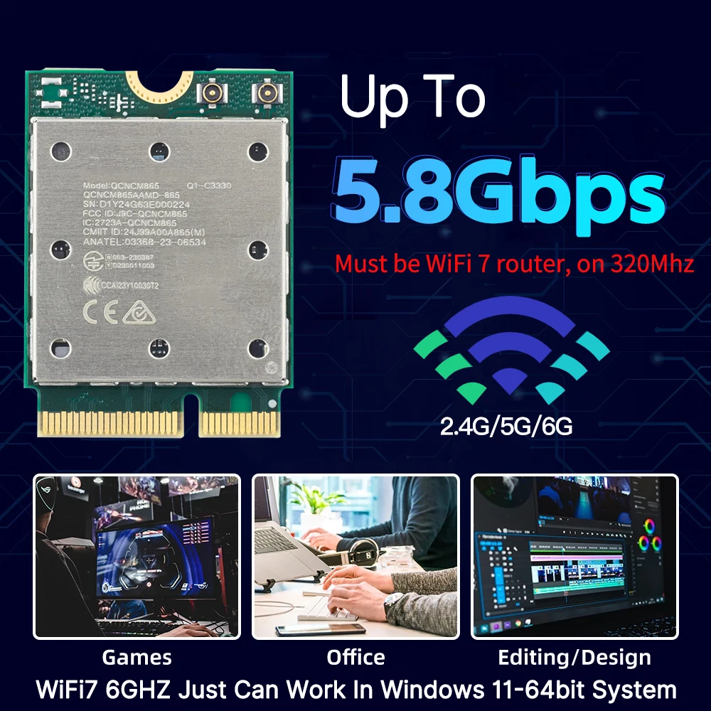 fenvi Wifi 7 QCNCM865 M.2 네트워크 카드 Bluetooth 5.3 최대 5.8Gbps Wifi 6E Wlan 무선  어댑터보다 Win 11Wu 전용 - AliExpress