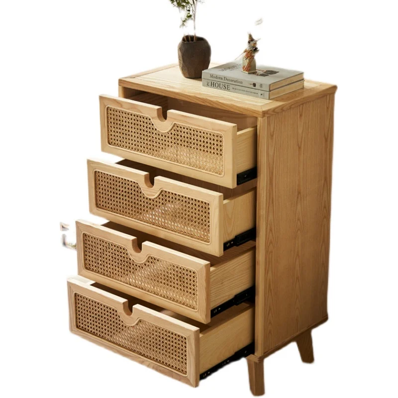 

Solid wood rattan weaving, simple modern living room drawers, four bucket storage cabinets, bedroom storage entrance cabinets