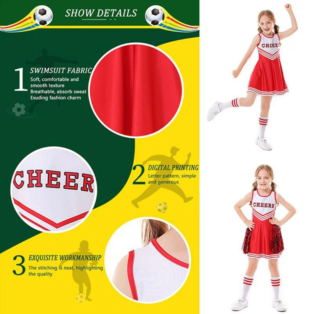 Kid Girls Cheerleader Costume Dress Pompoms Outfit Purim Schoolgirl Cheer Stage Performance Cheerleading Uniform Team Sports