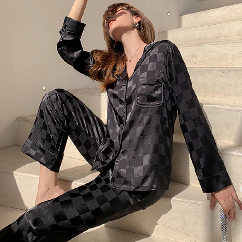 Women Pajamas Sets Faux Silk Satin Pyjamas Female Pijamas Lapel pjs Long Sleeve Shirt Pants Suit Sleepwear Homewear Loungewear