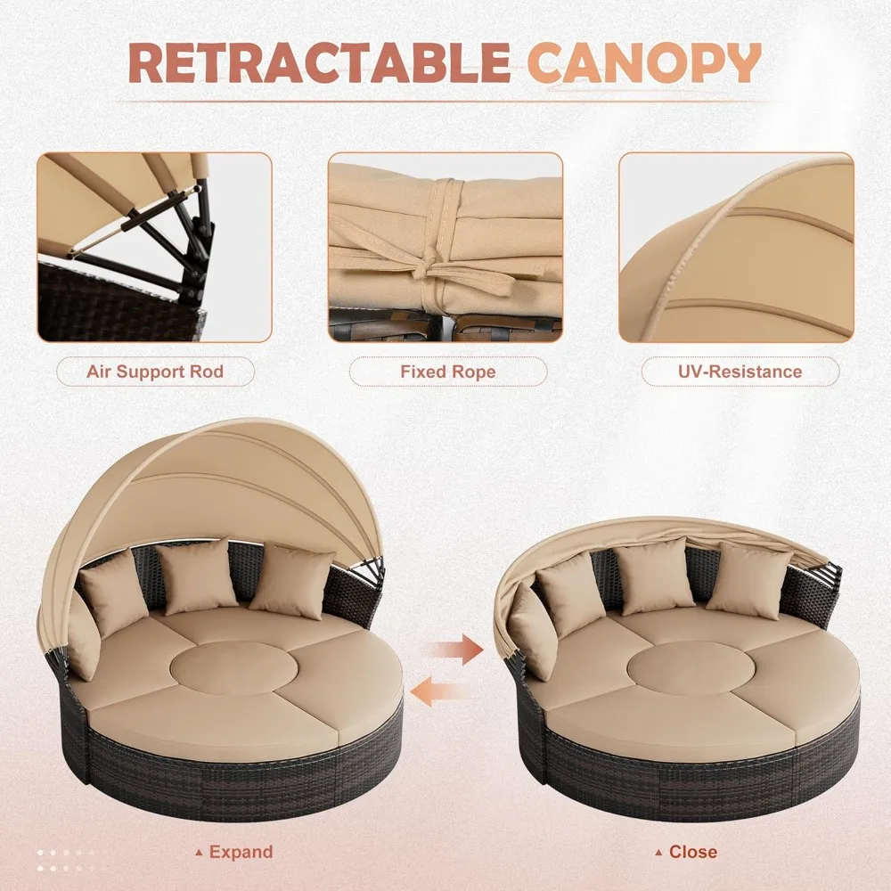 Round Outdoor Daybed with Cushions and Pillows, Wicker Rattan Patio Day Bed with Retractable Canopy, Sectional Sofa Furniture f 4