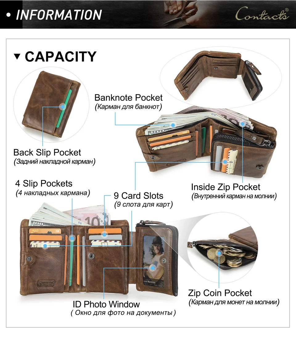 CONTACT'S männer brieftaschen aus echtem leder vintage kurze brieftasche mann dünne karte halter luxus marke männlichen kleine geldbörse portefeuille – Detail 9