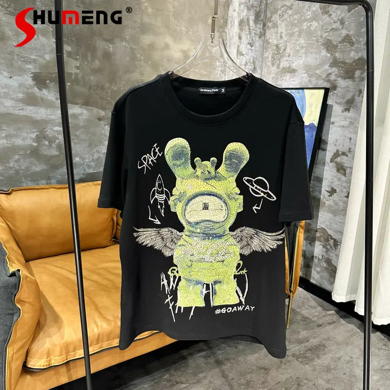 

Trendy Big Cartoon Rabbit Rhinestone T-shirt Men and Women Casual Short Sleeve Fashion Brand Wings High Street Tee Tops