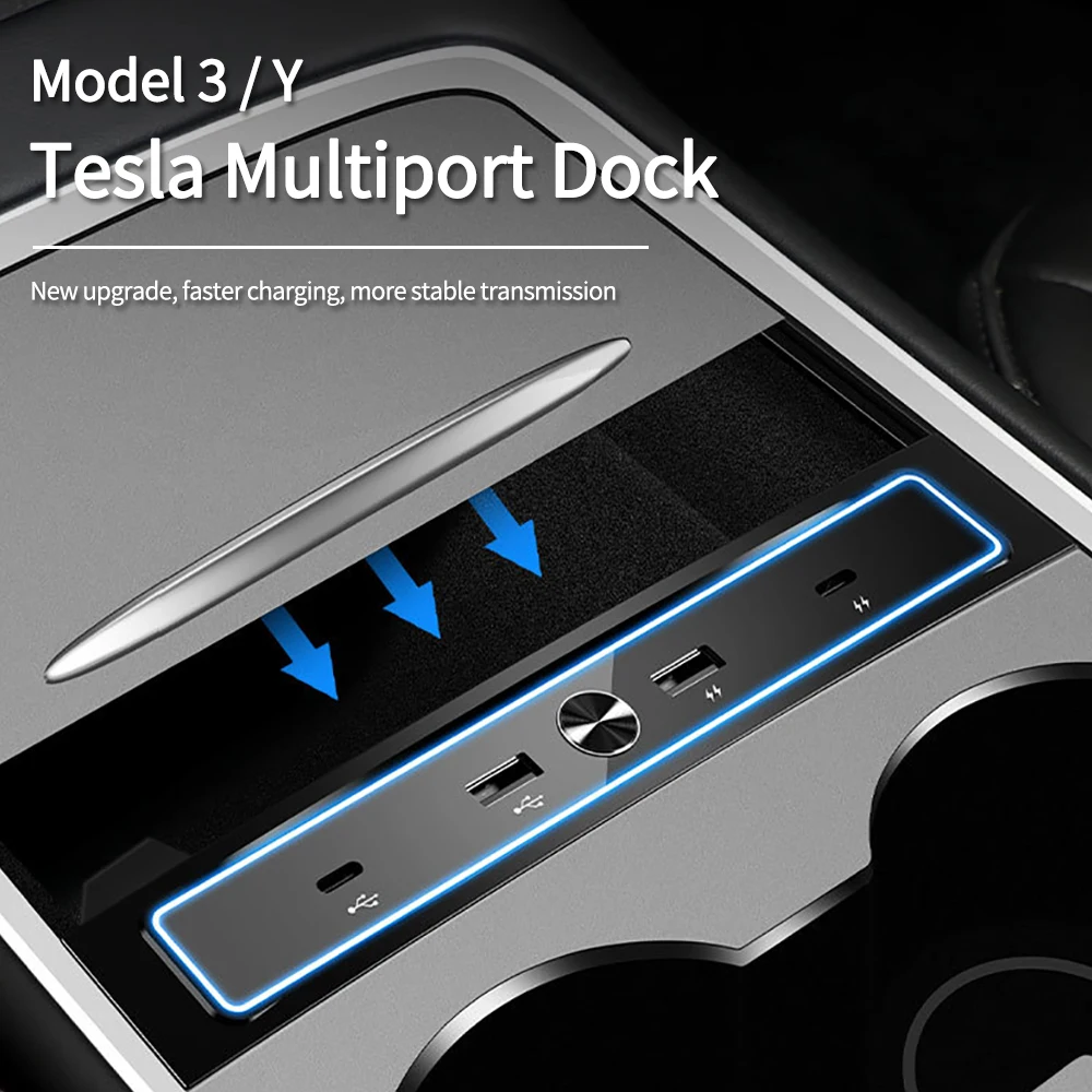 Hub de Derivação Usb para Tesla Model y Carregador Rápido Estação de Ancoragem Inteligente Adaptador para Carro Extensão Divisor Alimentado 27w 2023 2023