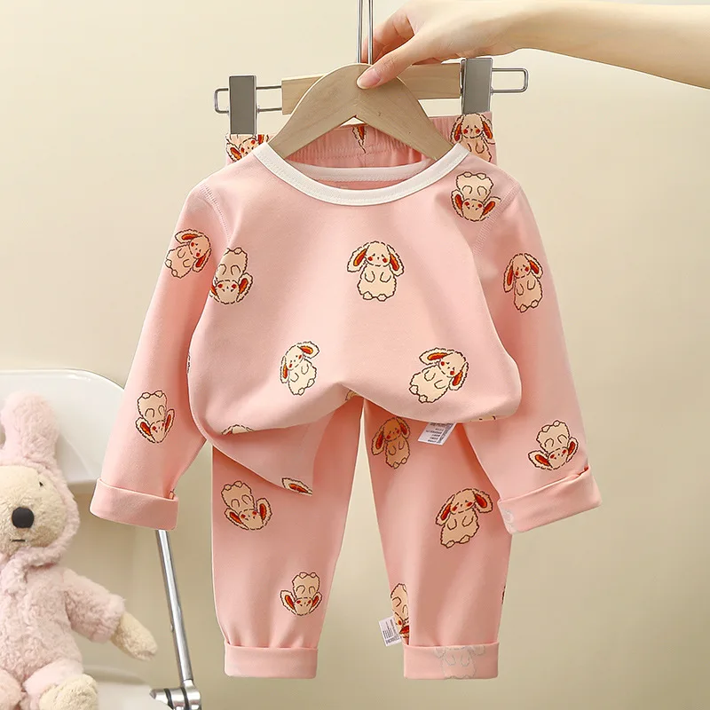 Spring Autumn Velvet Children Home Clothing Set Long Sleeve Warm Sleepwear T-shirts Pants Two-piece Set Girls Babies Loungewear 2