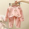 Spring Autumn Velvet Children Home Clothing Set Long Sleeve Warm Sleepwear T-shirts Pants Two-piece Set Girls Babies Loungewear 2