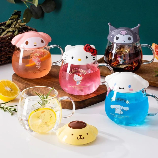 Sanrio Anime Hello Kitty Water Glass Kawaii Cartoon Cinnamoroll Kuromi  Sealed Glass Straw Cup with Lid Drink Juice Cup Girl Gift