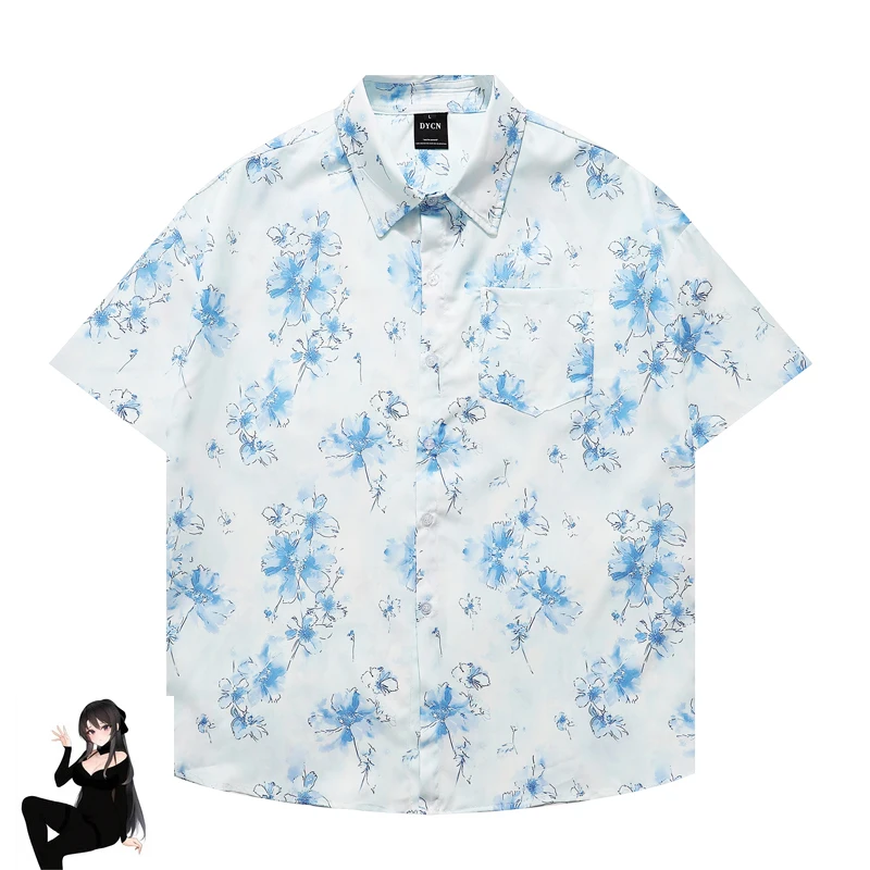 Light Blue Flower Print Short Shirts Summer Men Women Loose High Quality Thin  Hawaii Beach White Clothes Tops Tee