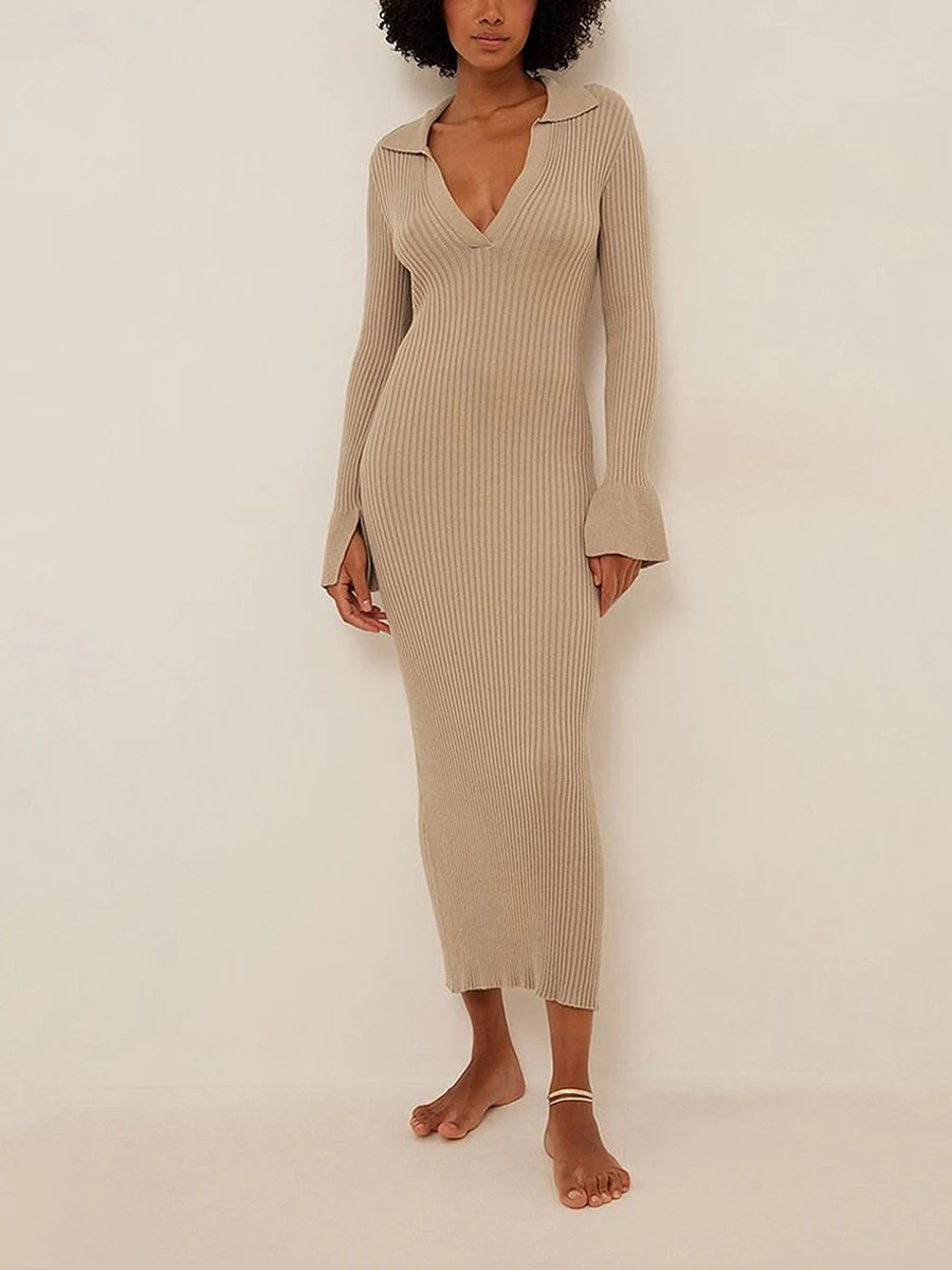 

Women's Ribbed Knit Midi Dress Long Sleeve Lapel Collar Solid Color Bodycon Dress Going Out Dress