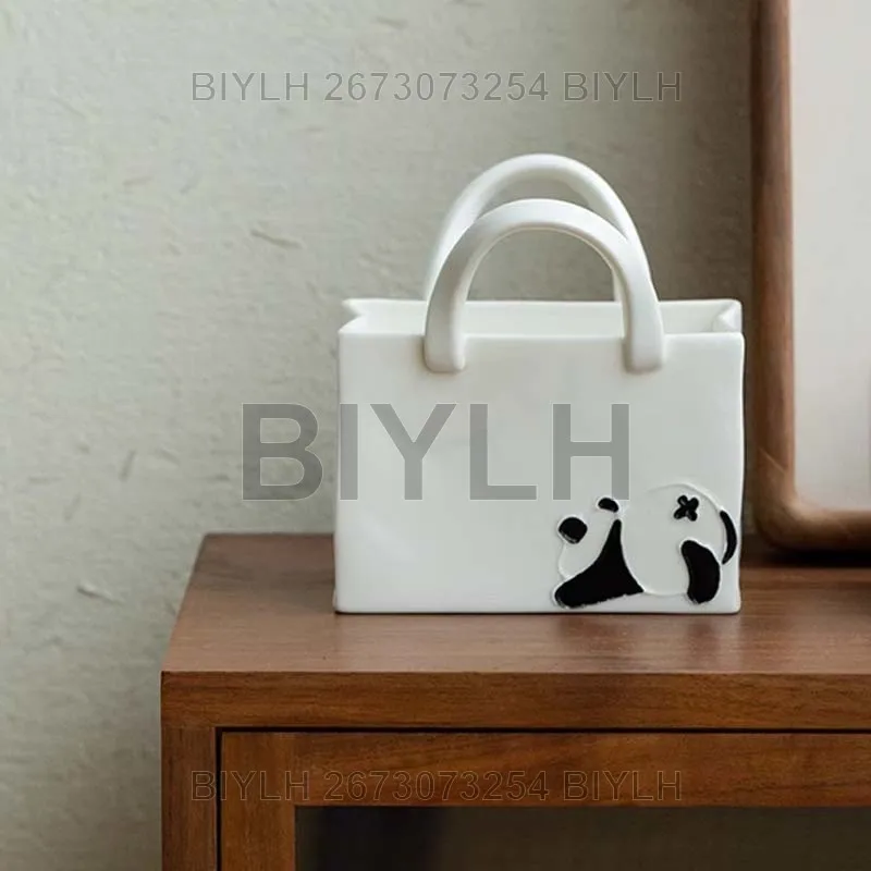 Ceramic Vase with Handle Handbag Vase Panda Pattern Home Decoration Desktop Flower Arrangement Green Plant Ornaments 6