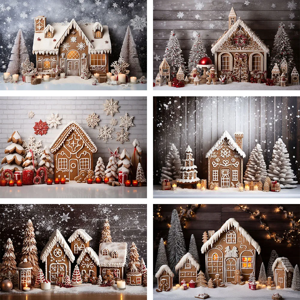 

Mehofond Photography Backdrop Gingerbread House Store Family Holiday Party Xmas Tree Snowflake Photo Wooden Board Background