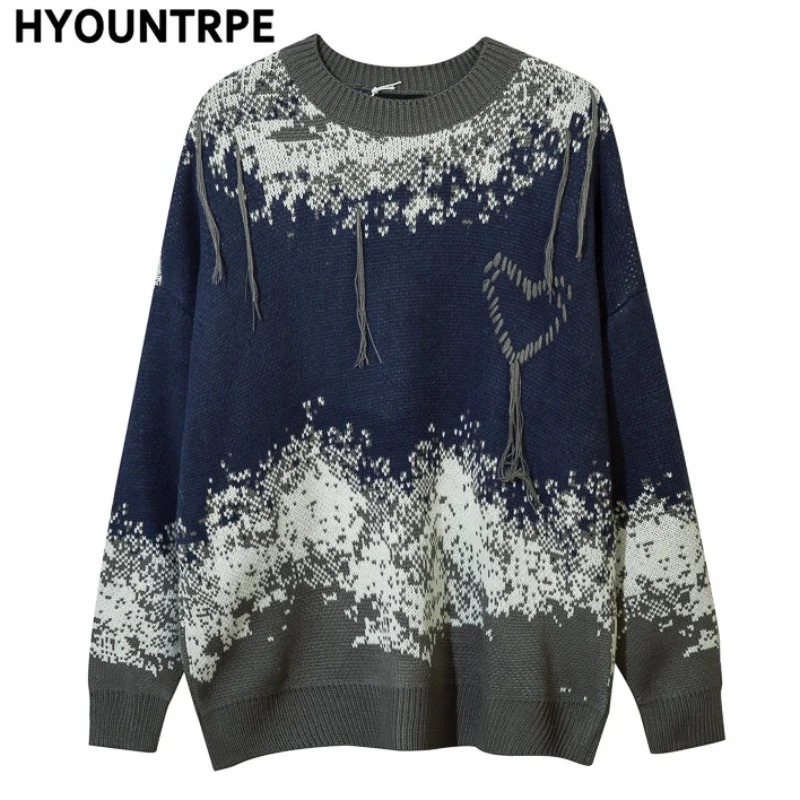 Mens Hip Hop Streetwear Knitted Sweater Pullover Embroidery Tassel Sweater Autumn Harajuku Cotton Casual Tops Sweaters Pullovers