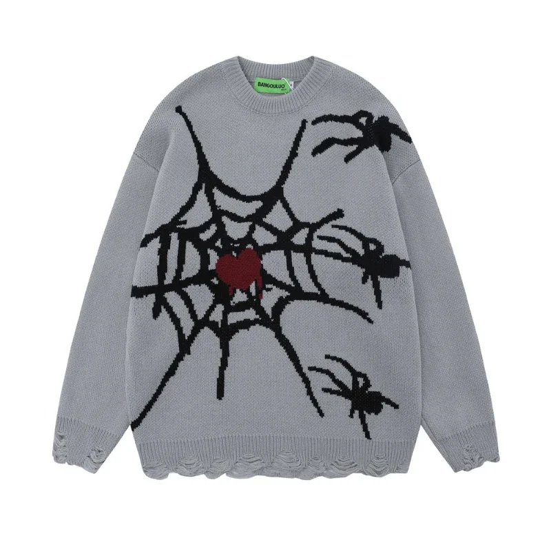 

Spider Web Jacquard Round Neck Simple Knitted Sweater with High Street Fashion Design Niche Hem Crocheted Hole Pullover Sweater