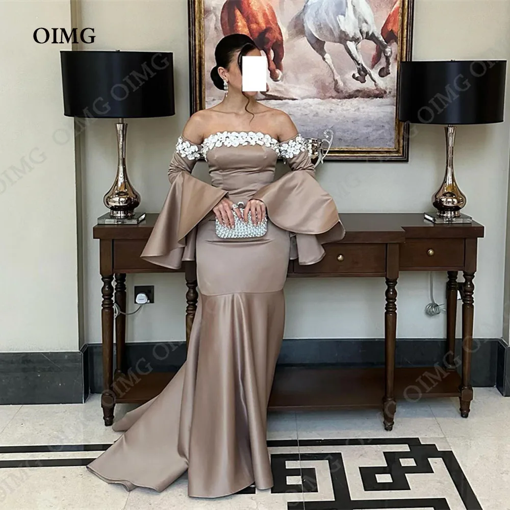 

OIMG 2024 Satin Lace Long Prom Dresses Mermaid Off Shoulder Cocktail Party Dress Full Sleeves Formal Occasion Dress 2024