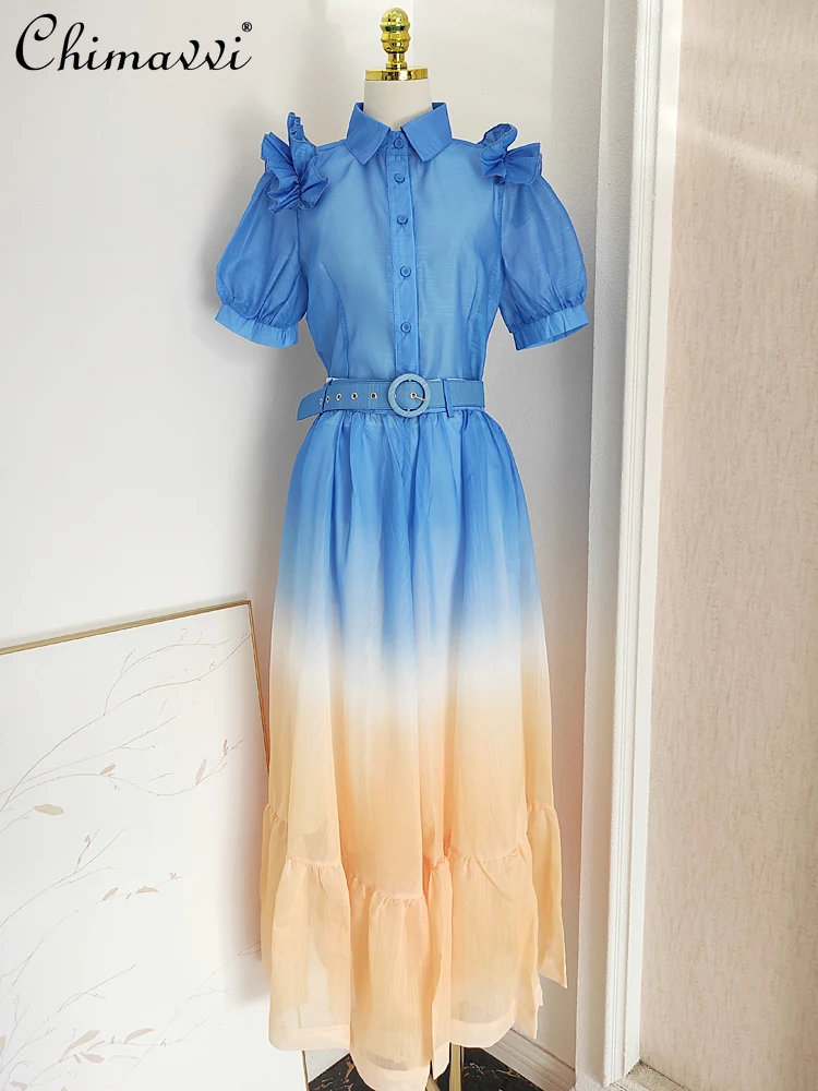 

Gradient Color See-through Lapel Puff Sleeve Single-Breasted Shirt High Waist Slim Fit Belt A-Line Long Skirt Women 2 Piece Sets