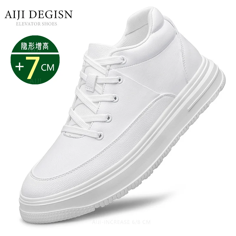 Man lift sneakers brand elevator shoes for men hidden heels white shoes 7cm height increasing men casual leather
