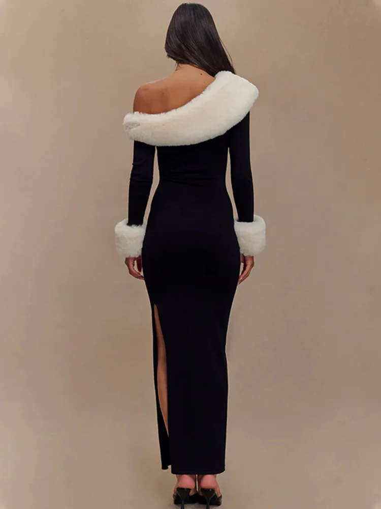 Vestido de manga larga con abertura y empalme de felpa para mujer, sexy, con cuello oblicuo, elegante, para fiesta de invierno.