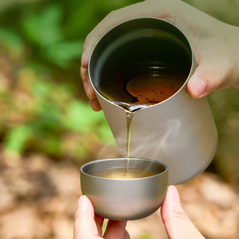 F5 2pcs 50ML Teapot Pure Titanium Double layer Small Tea Cup Coffee Outdoor Camping coffee and Tea Tableware Set Brewing Cup