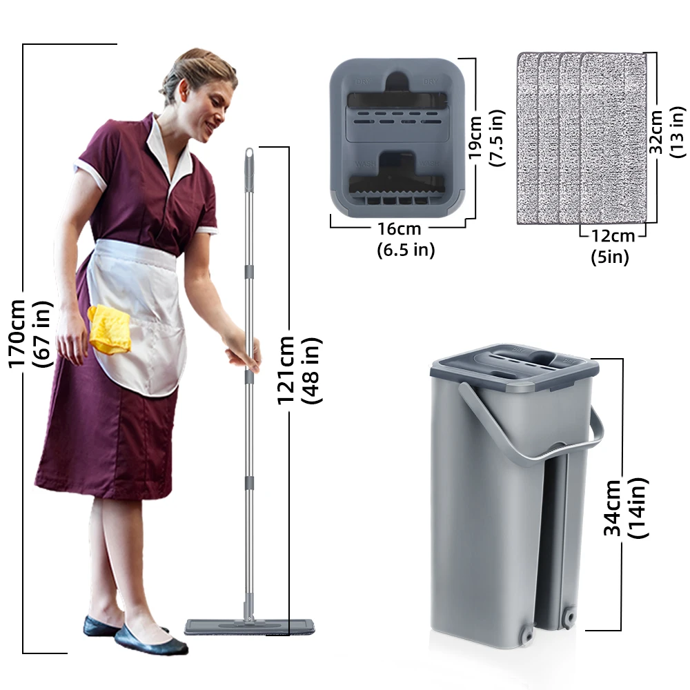 Hand Free Flat Floor Mop And Bucket Set For Professional Home Floor Cleaning System With Washable Microfiber Pads For Hardwood 3