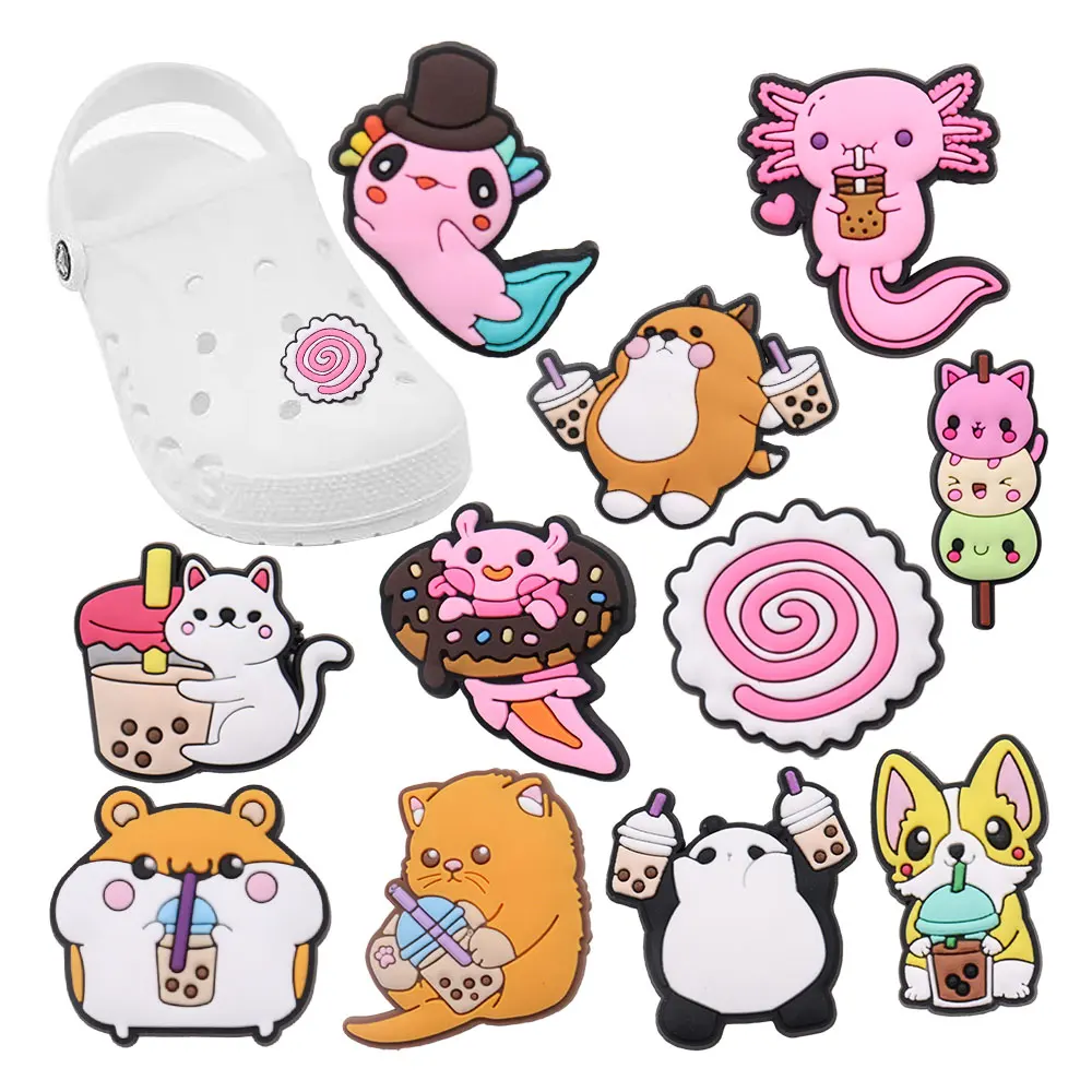 

New Arrival 1-11pcs PVC Shoe Charms Cute Panda Hamster Cat Milk Tea Accessories Shoes Buckles Fit Croc Jibz Kids X-mas Gift