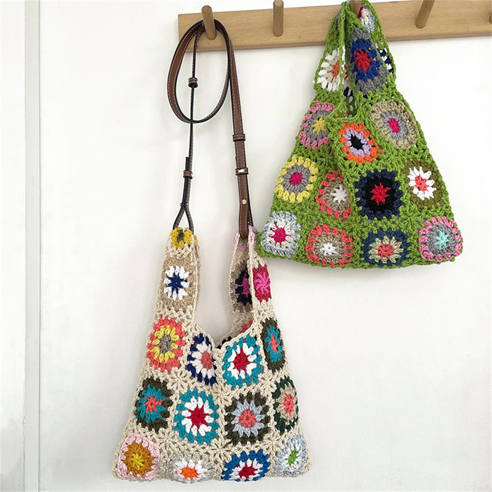 Bolso de mano de ganchillo para mujer, de algodón tejido a mano bohemio, bolso de pulsera Floral ahuecado, bolso de mano portátil para playa de verano