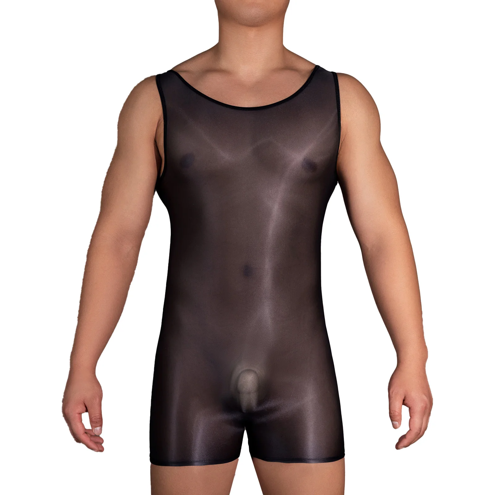 

Mens Lingerie Glossy Sheer Sleeveless U Back Jockstrap Leotard Jumpsuit Bodysuit Underwear