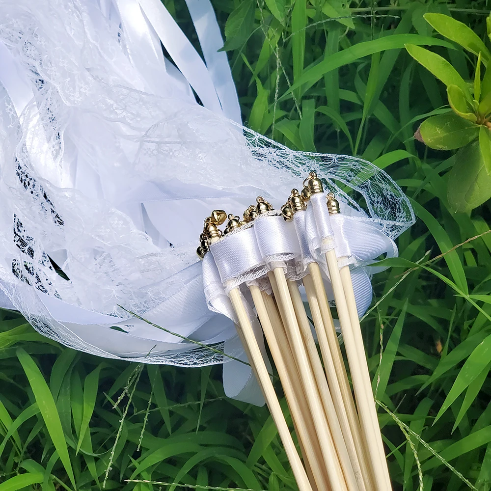Wedding Ribbon Wands White Ribbon Wands Fairy Sticks Wedding Twirling Lace Streamers Golden Silver Bell Party Cheering Prop Favor