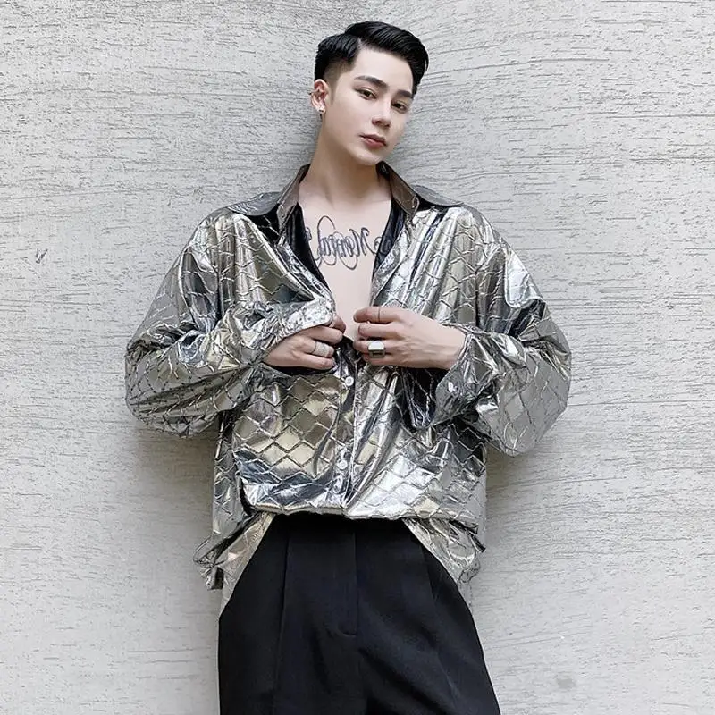 

Рубашка мужская с вырезами для выступлений, тонкая модная Роскошная пикантная блестящая уличная одежда в полоску, большие размеры m-xl, на осень