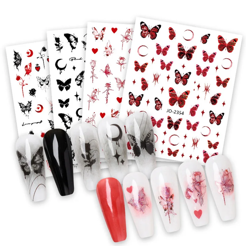 

3D stickers press on nails butterfly flowers moon star designs red black white foil DIY manicure supplies sliders nail decals