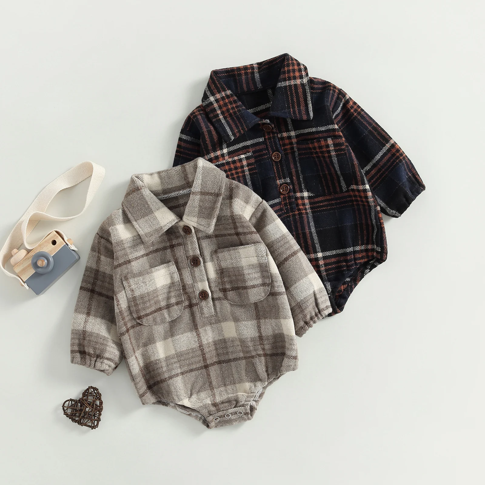Citgeett Autumn Infant Baby Boy Bodysuit Buttons Lapel Long Sleeve Plaid Pattern Jumpsuit Pockets Fall Clothes