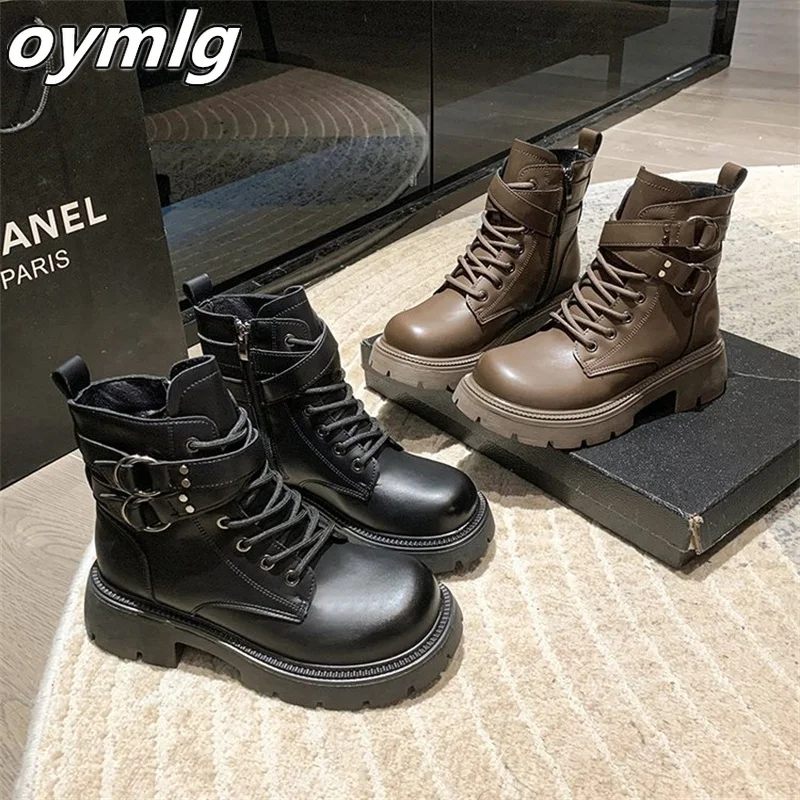 2023 Autumn/Winter New Single Boot Versatile Thick Bottom Lace up and Fleece Motorcycle Short Boots heels women