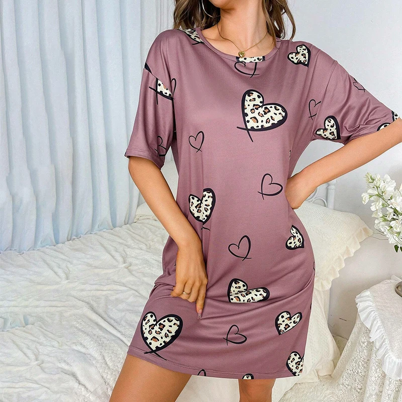 قميص نوم كاجوال مطبوع على شكل قلب للسيدات ، أكمام...