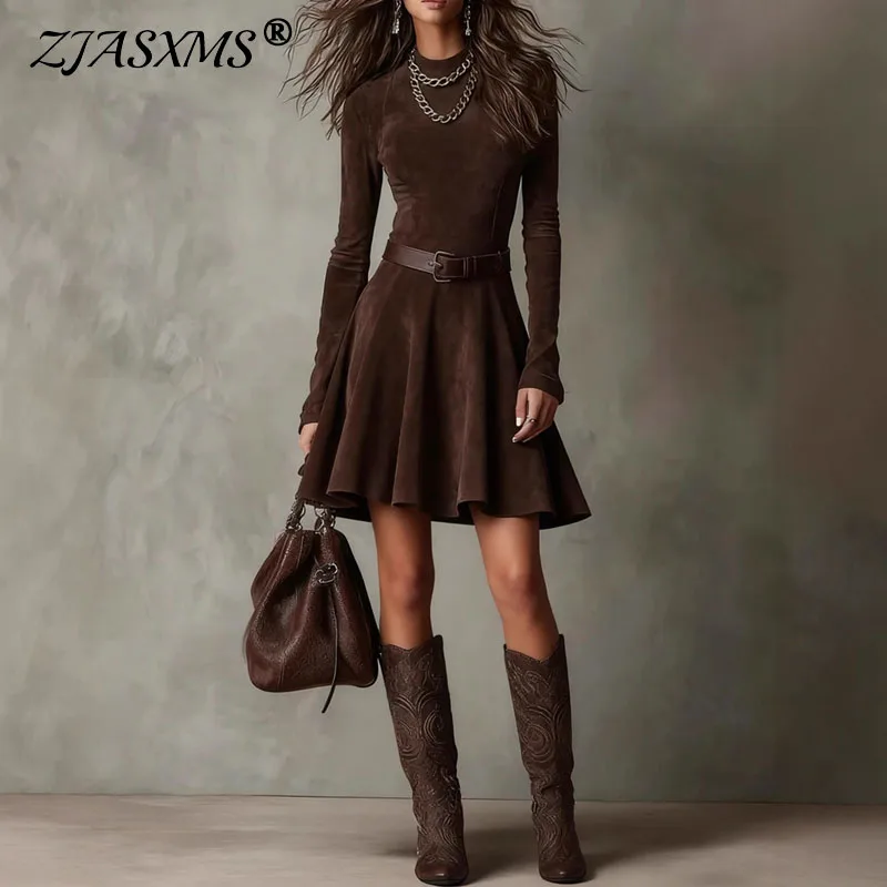 Fall Winter Long Sleeve A-Line Mini Dress Woman Elegant O Neck Solid Suede  Vintage Dresses Fashion Slim Bodycon Sexy Party Dress - AliExpress 200000345